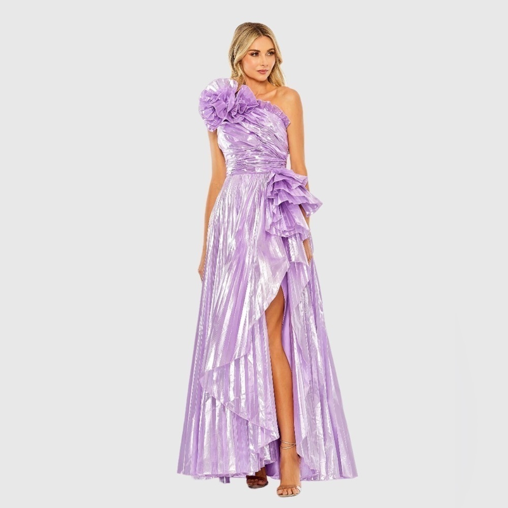 Mac Duggal Lavender One-Shoulder Metallic Ruffle Gown
